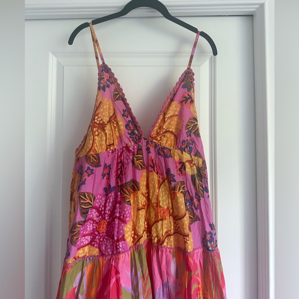 Farm Rio Tropical Pink Tiered Spaghetti Strap Cotton Maxi Dress